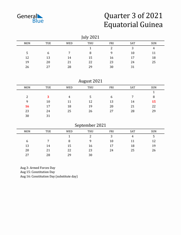 Quarter 3 2021 Equatorial Guinea Quarterly Calendar