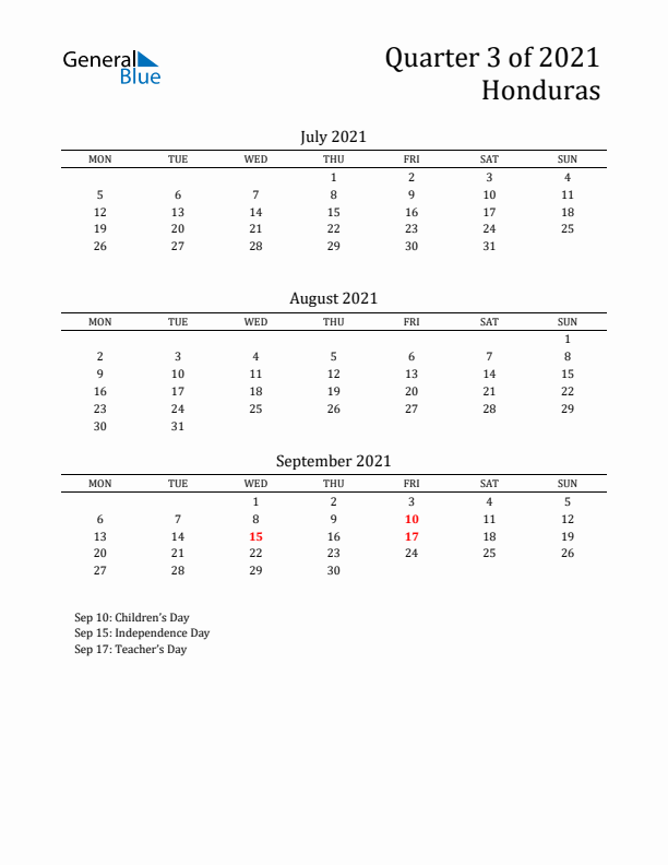 Quarter 3 2021 Honduras Quarterly Calendar