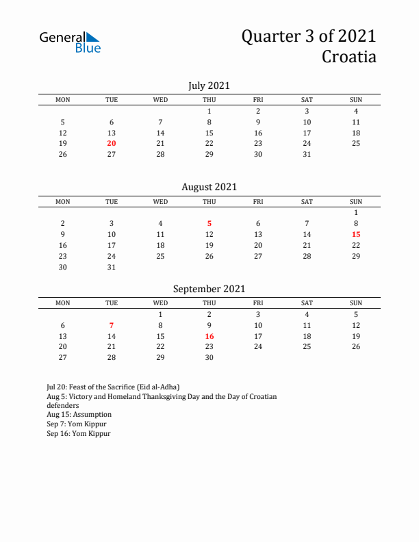 Quarter 3 2021 Croatia Quarterly Calendar