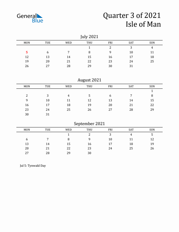 Quarter 3 2021 Isle of Man Quarterly Calendar