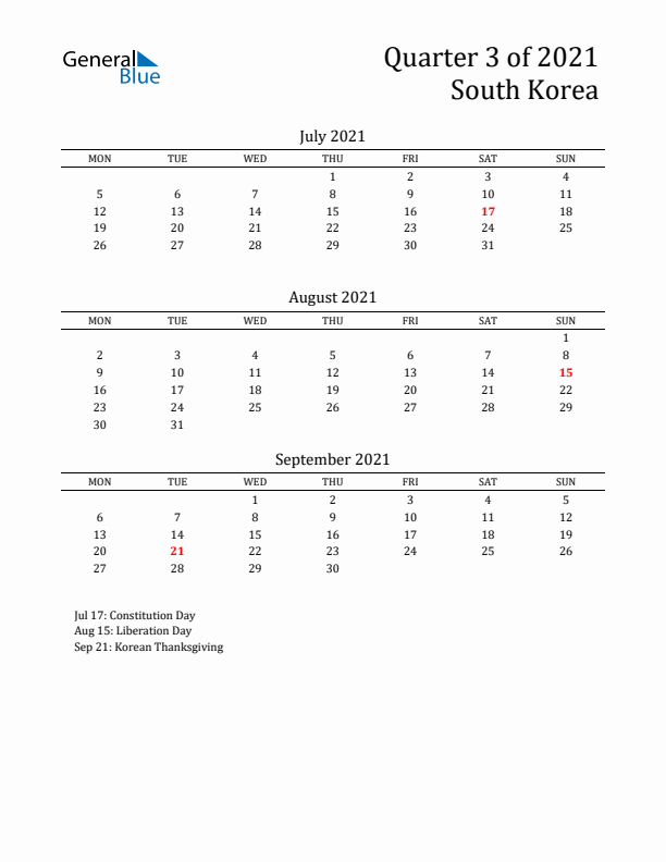 Quarter 3 2021 South Korea Quarterly Calendar