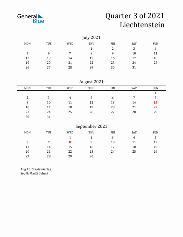 Quarter 3 2021 Liechtenstein Quarterly Calendar