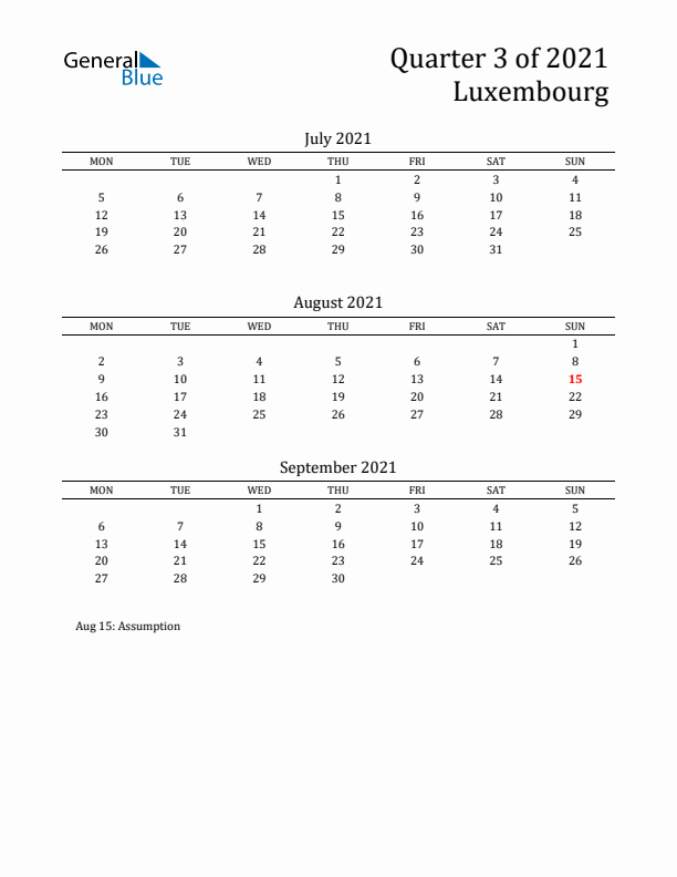 Quarter 3 2021 Luxembourg Quarterly Calendar