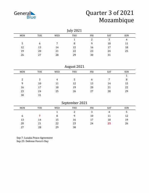 Quarter 3 2021 Mozambique Quarterly Calendar