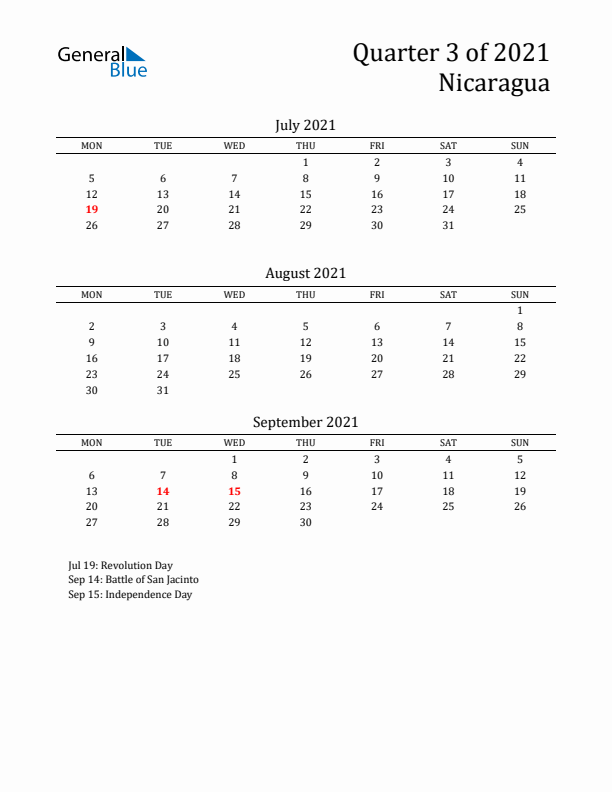 Quarter 3 2021 Nicaragua Quarterly Calendar