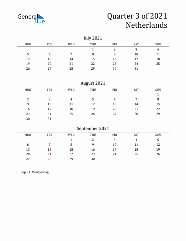 Quarter 3 2021 The Netherlands Quarterly Calendar