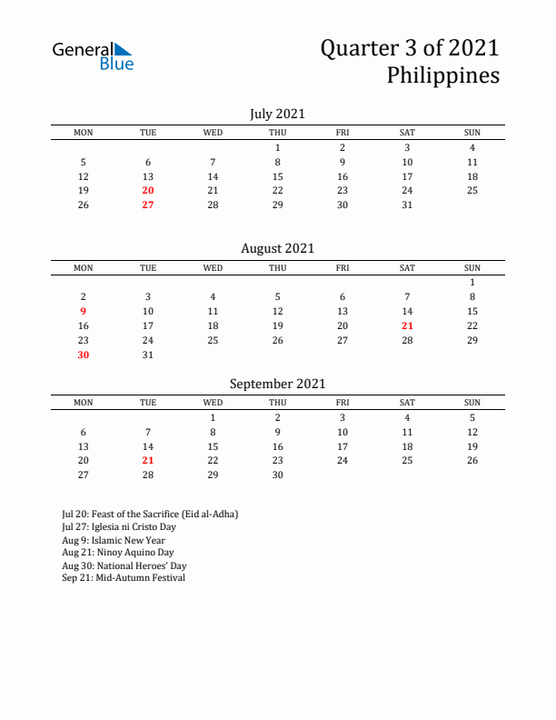 Quarter 3 2021 Philippines Quarterly Calendar