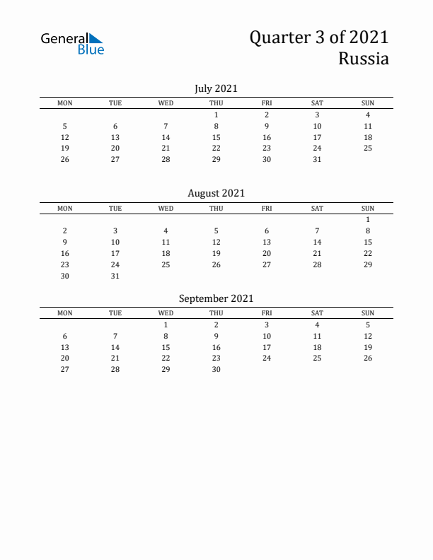 Quarter 3 2021 Russia Quarterly Calendar