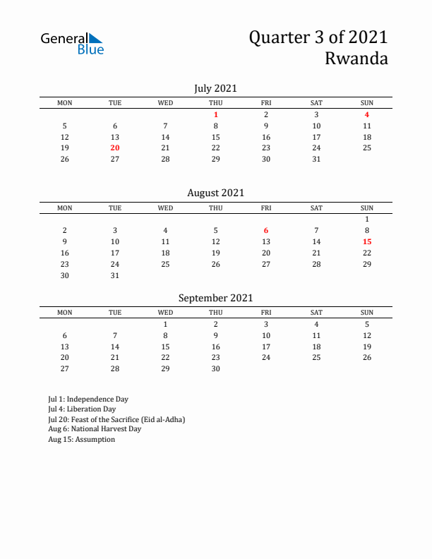 Quarter 3 2021 Rwanda Quarterly Calendar