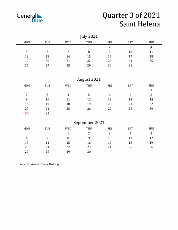 Quarter 3 2021 Saint Helena Quarterly Calendar