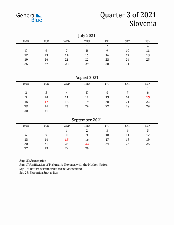 Quarter 3 2021 Slovenia Quarterly Calendar