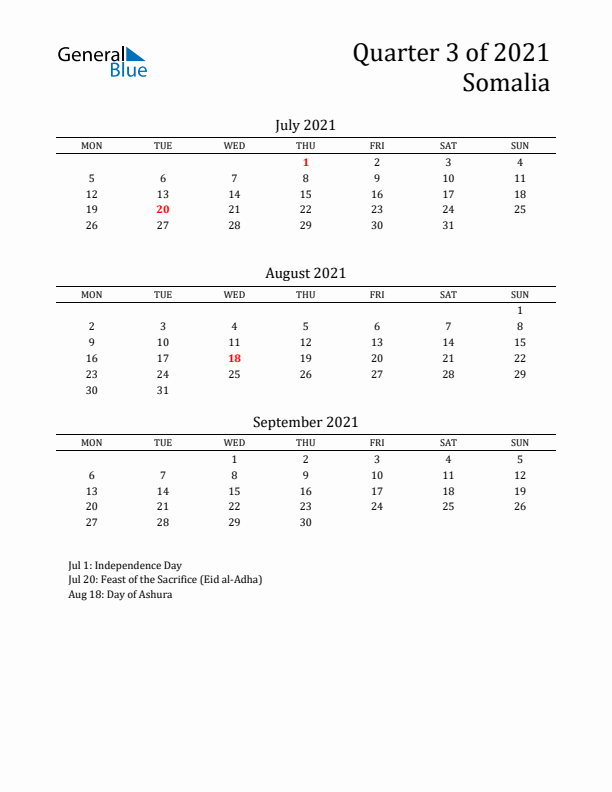 Quarter 3 2021 Somalia Quarterly Calendar