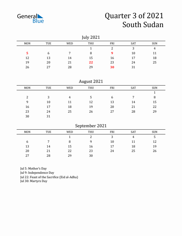 Quarter 3 2021 South Sudan Quarterly Calendar