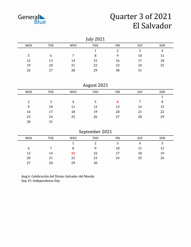 Quarter 3 2021 El Salvador Quarterly Calendar