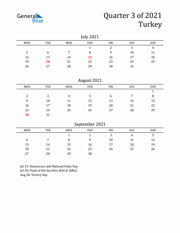 Quarter 3 2021 Turkey Quarterly Calendar