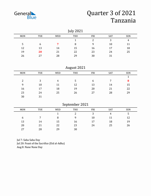 Quarter 3 2021 Tanzania Quarterly Calendar