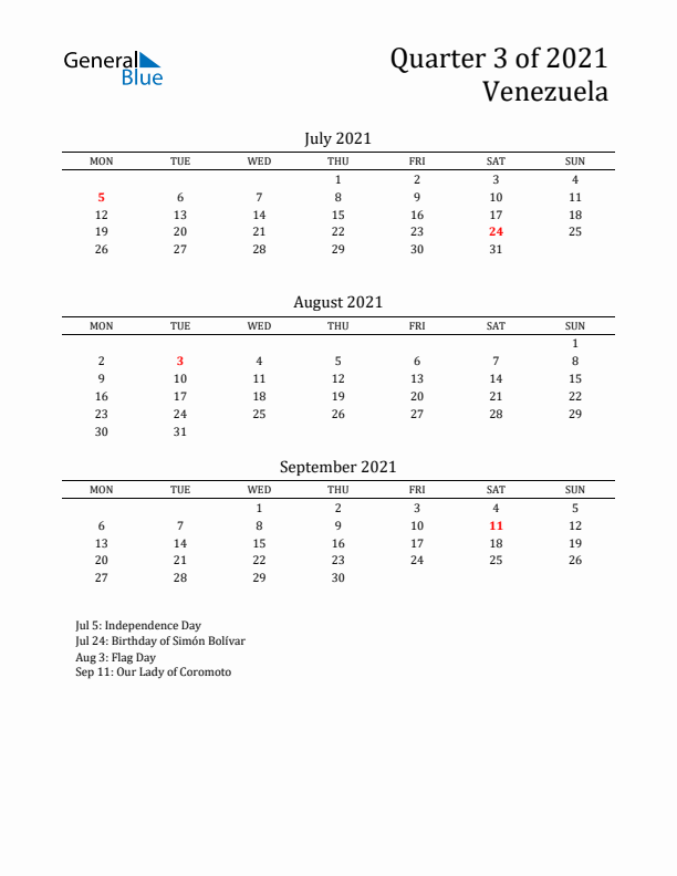 Quarter 3 2021 Venezuela Quarterly Calendar