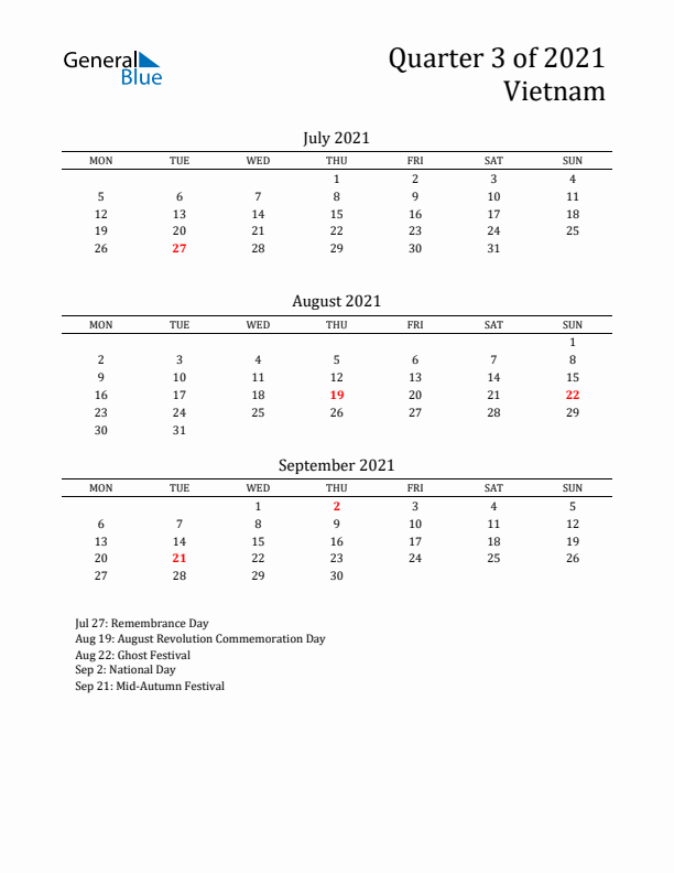 Quarter 3 2021 Vietnam Quarterly Calendar