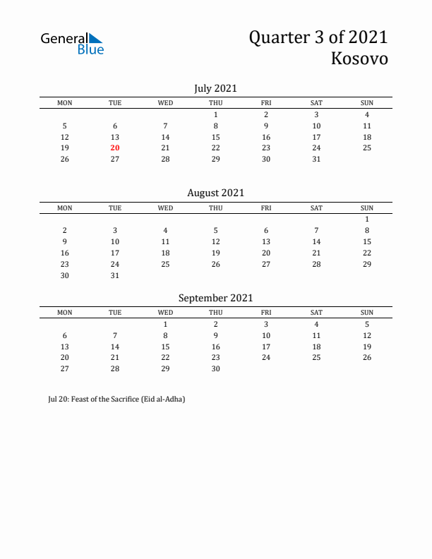 Quarter 3 2021 Kosovo Quarterly Calendar