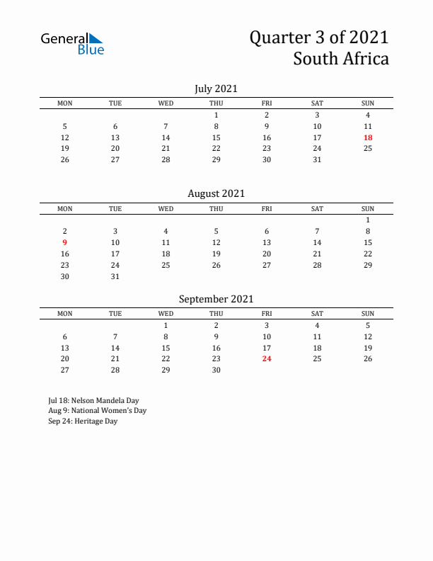 Quarter 3 2021 South Africa Quarterly Calendar