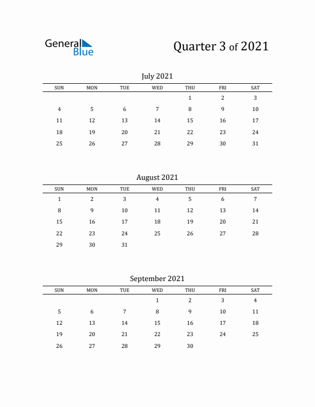 2021 Three-Month Calendar with Sunday Start - Quarter 3