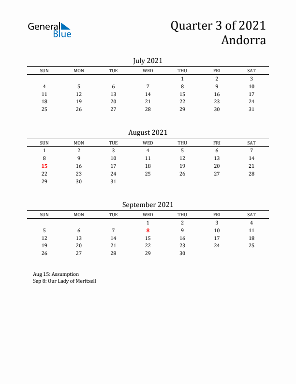 Quarter 3 2021 Andorra Quarterly Calendar