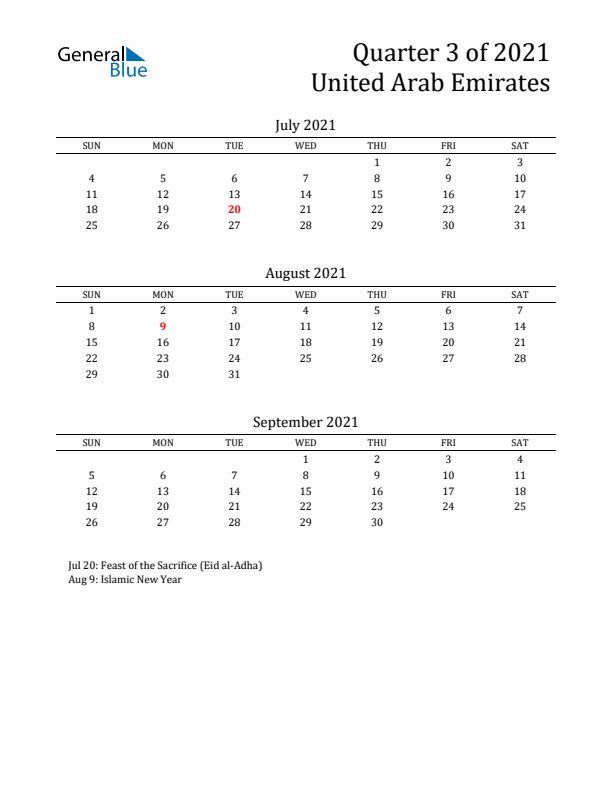 Quarter 3 2021 United Arab Emirates Quarterly Calendar