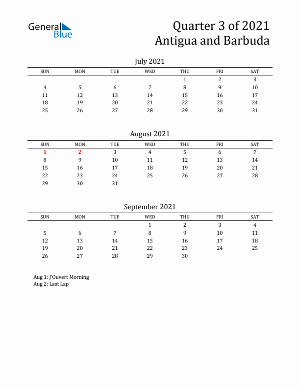 Quarter 3 2021 Antigua and Barbuda Quarterly Calendar