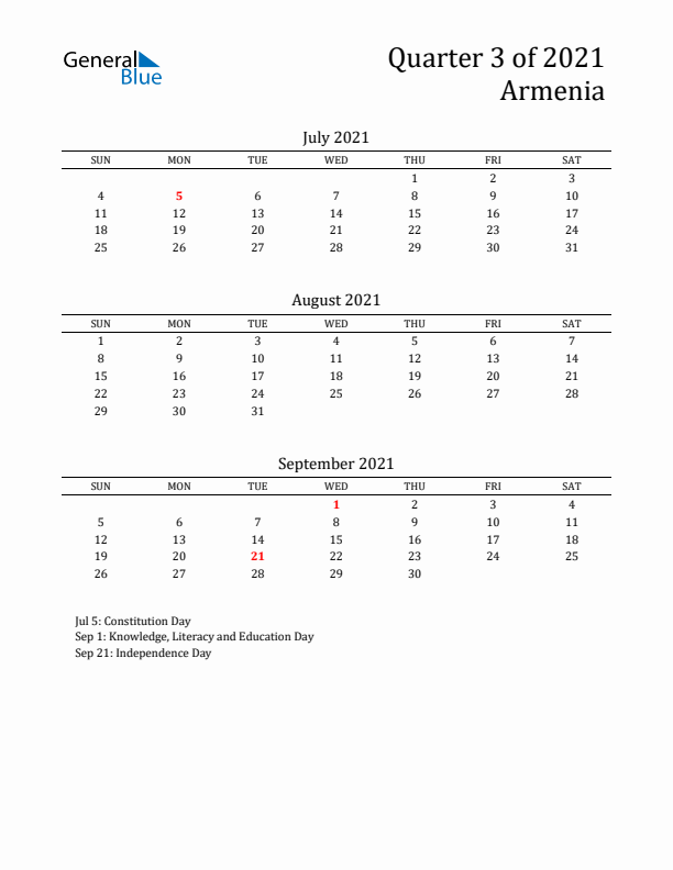 Quarter 3 2021 Armenia Quarterly Calendar