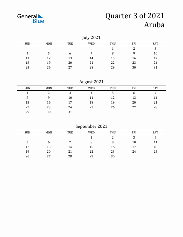 Quarter 3 2021 Aruba Quarterly Calendar