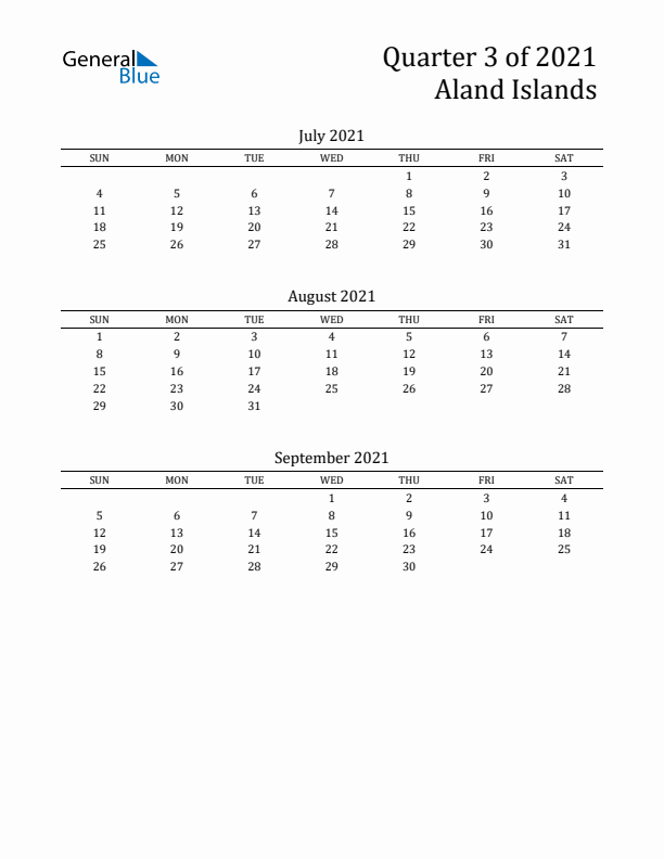 Quarter 3 2021 Aland Islands Quarterly Calendar