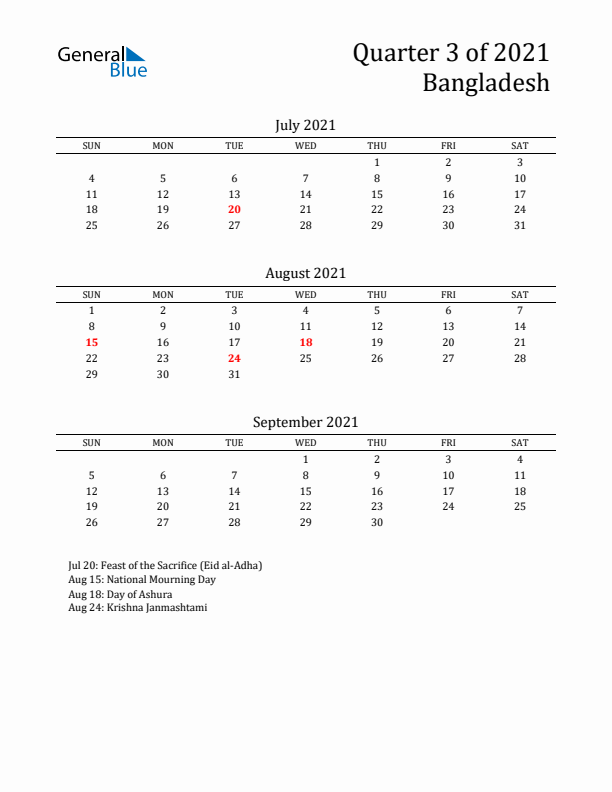 Quarter 3 2021 Bangladesh Quarterly Calendar