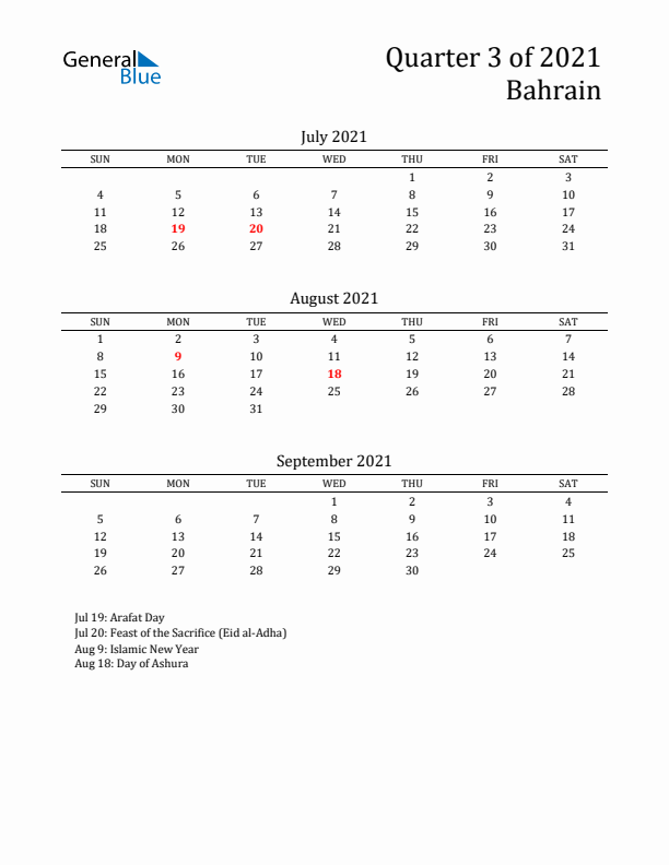 Quarter 3 2021 Bahrain Quarterly Calendar