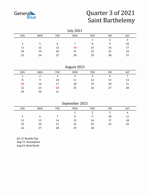 Quarter 3 2021 Saint Barthelemy Quarterly Calendar