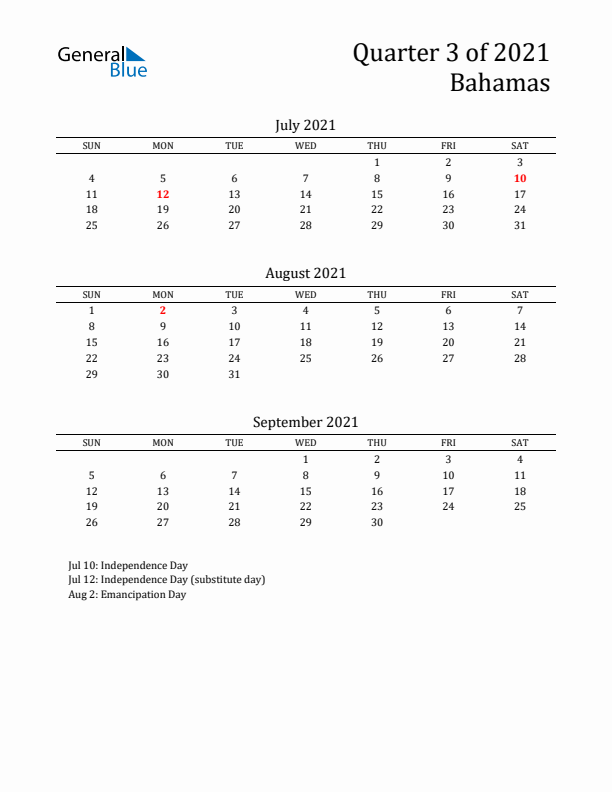 Quarter 3 2021 Bahamas Quarterly Calendar