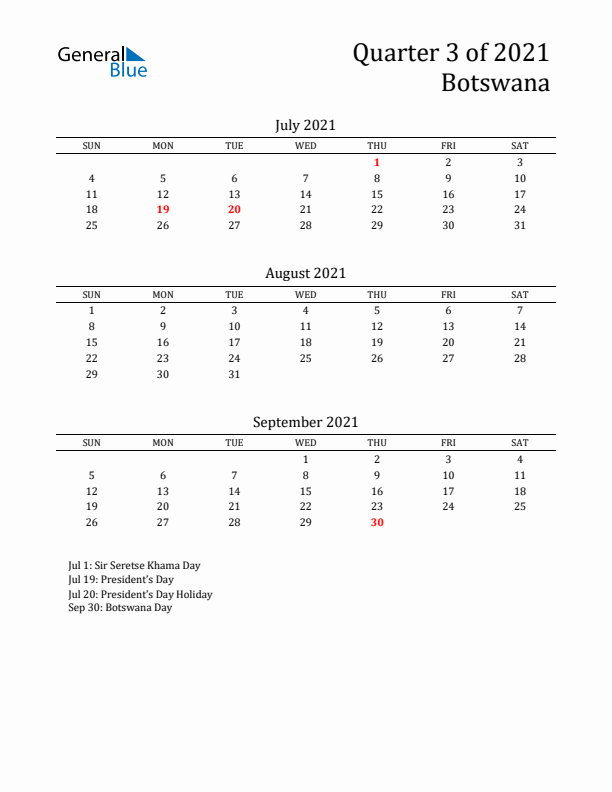 Quarter 3 2021 Botswana Quarterly Calendar