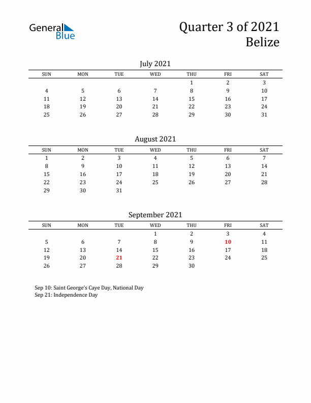 Quarter 3 2021 Belize Quarterly Calendar