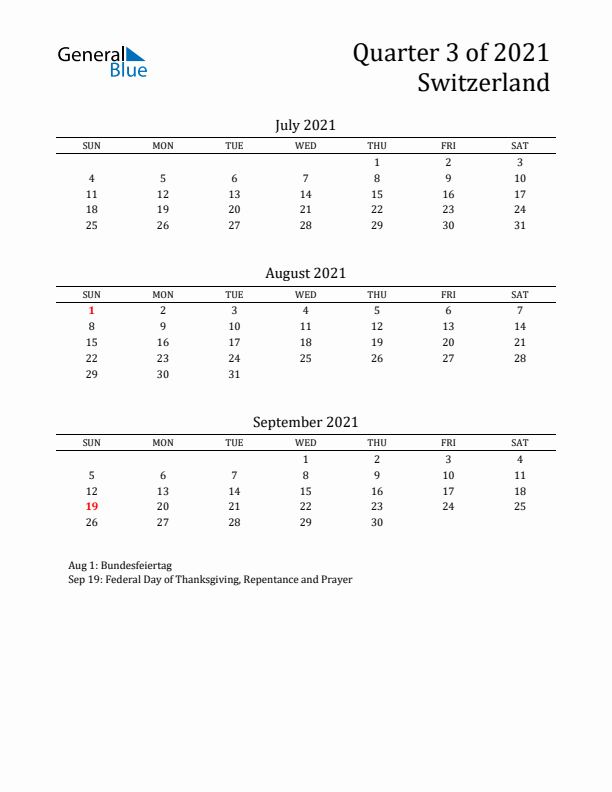 Quarter 3 2021 Switzerland Quarterly Calendar