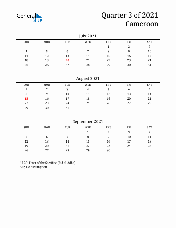 Quarter 3 2021 Cameroon Quarterly Calendar