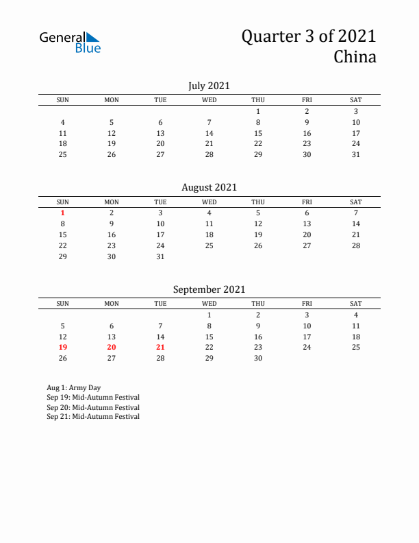 Quarter 3 2021 China Quarterly Calendar