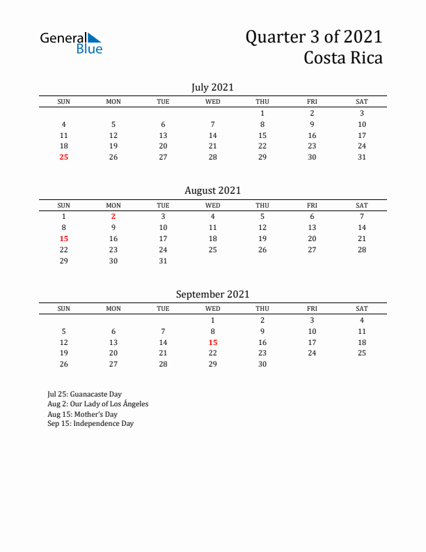 Quarter 3 2021 Costa Rica Quarterly Calendar