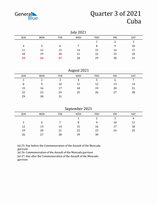 Quarter 3 2021 Cuba Quarterly Calendar