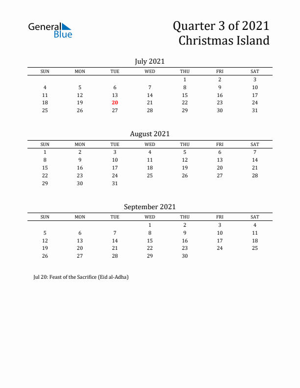 Quarter 3 2021 Christmas Island Quarterly Calendar