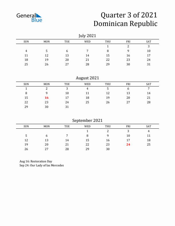 Quarter 3 2021 Dominican Republic Quarterly Calendar