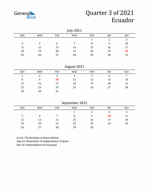 Quarter 3 2021 Ecuador Quarterly Calendar