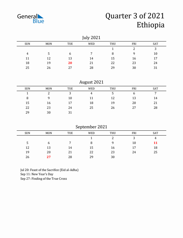 Quarter 3 2021 Ethiopia Quarterly Calendar