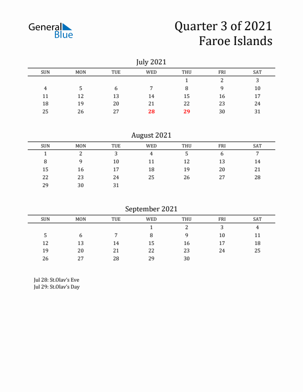 Quarter 3 2021 Faroe Islands Quarterly Calendar