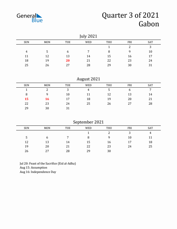 Quarter 3 2021 Gabon Quarterly Calendar