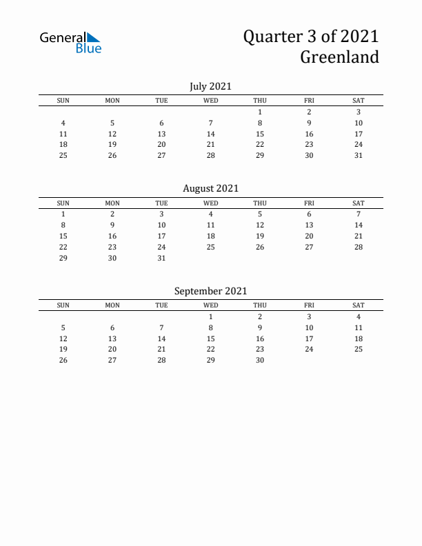 Quarter 3 2021 Greenland Quarterly Calendar