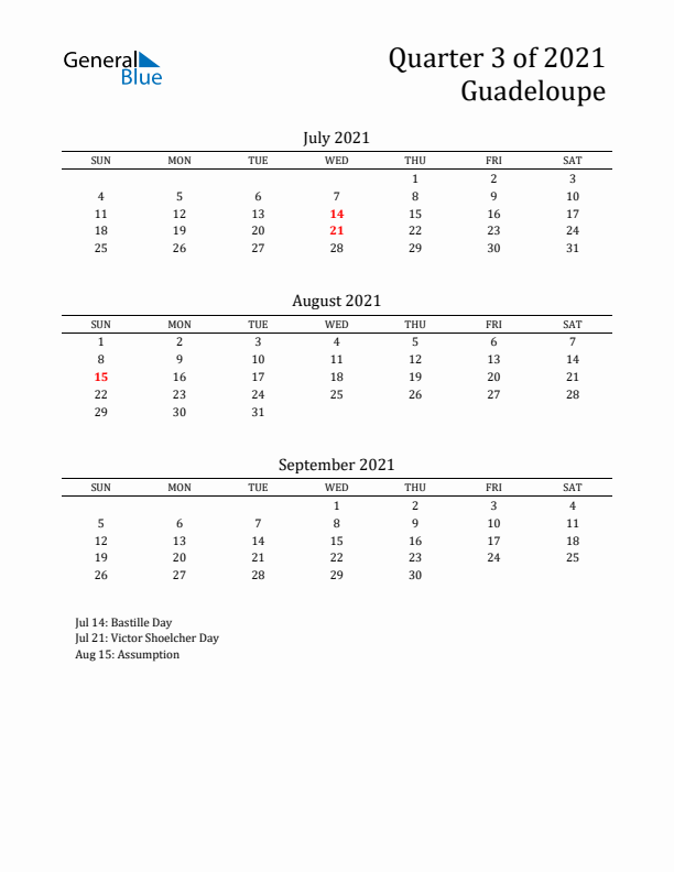 Quarter 3 2021 Guadeloupe Quarterly Calendar